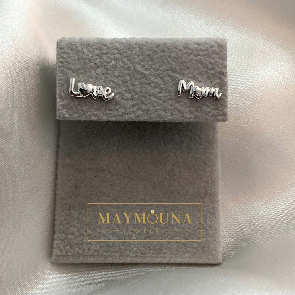 925 Sterling Silver CZ Stud Earrings "Love" & "Mom"
